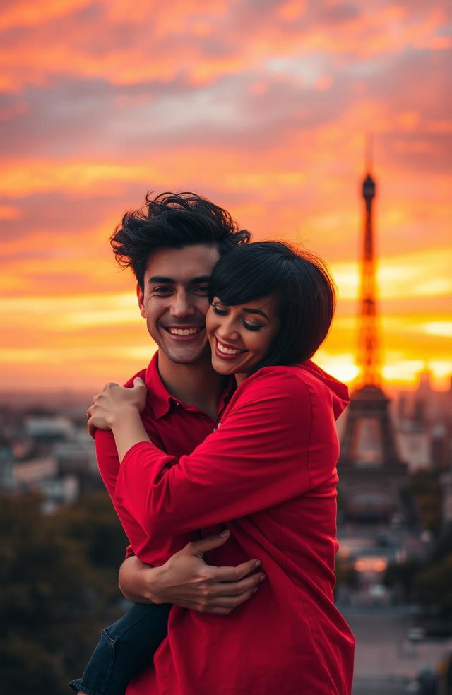 A guy with tanned skin and long, curly black hair is joyfully hugging a miniature brunette with a stylish bob haircut