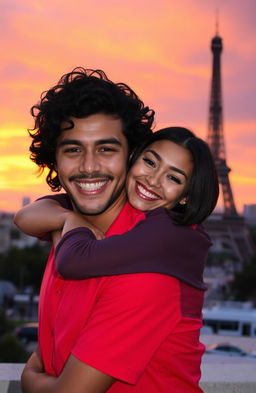 A guy with tanned skin and long, curly black hair is joyfully hugging a miniature brunette with a stylish bob haircut