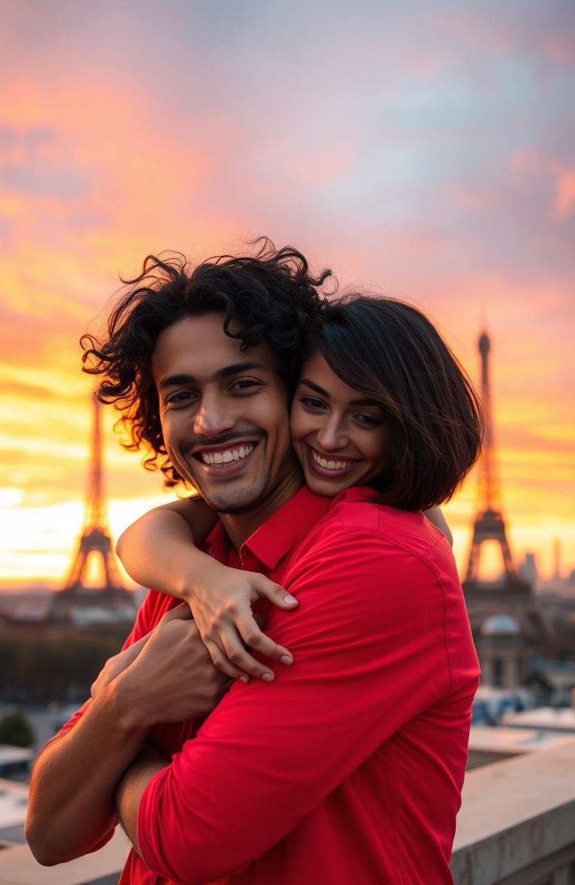 A guy with tanned skin and long, curly black hair is joyfully hugging a miniature brunette with a stylish bob haircut