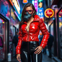 A hot slim girl with big boobs, confidently showcasing her figure in a shiny red tight puffer jacket that fits snugly, complemented by sleek black latex leggings