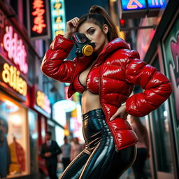 A hot slim girl with big boobs, confidently showcasing her figure in a shiny red tight puffer jacket that fits snugly, complemented by sleek black latex leggings