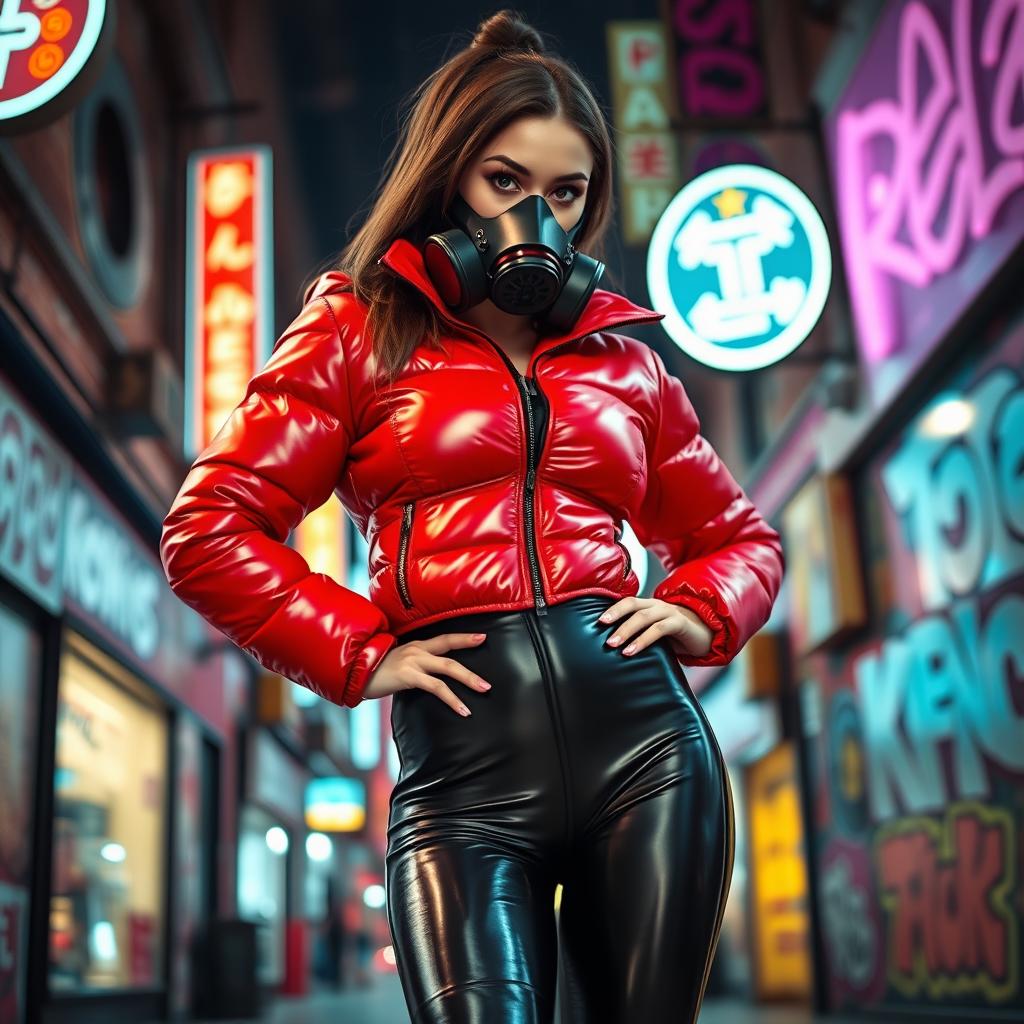 A hot slim girl with big boobs, confidently showcasing her figure in a shiny red tight puffer jacket that fits snugly, complemented by sleek black latex leggings