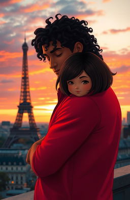 A heartwarming scene depicting a man with tan skin and long curly black hair wearing a bright red shirt, gently hugging a miniature girl with a stylish bob haircut, featuring rich brunette tones