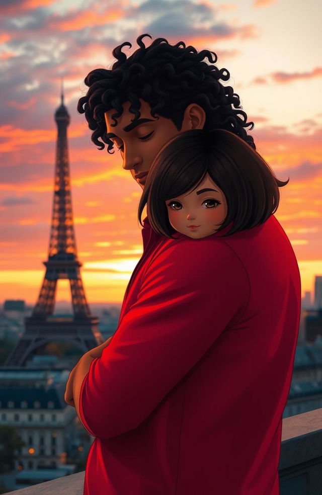 A heartwarming scene depicting a man with tan skin and long curly black hair wearing a bright red shirt, gently hugging a miniature girl with a stylish bob haircut, featuring rich brunette tones