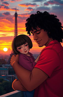 A heartwarming scene depicting a man with tan skin and long curly black hair wearing a bright red shirt, gently hugging a miniature girl with a stylish bob haircut, featuring rich brunette tones