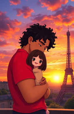 A heartwarming scene depicting a man with tan skin and long curly black hair wearing a bright red shirt, gently hugging a miniature girl with a stylish bob haircut, featuring rich brunette tones