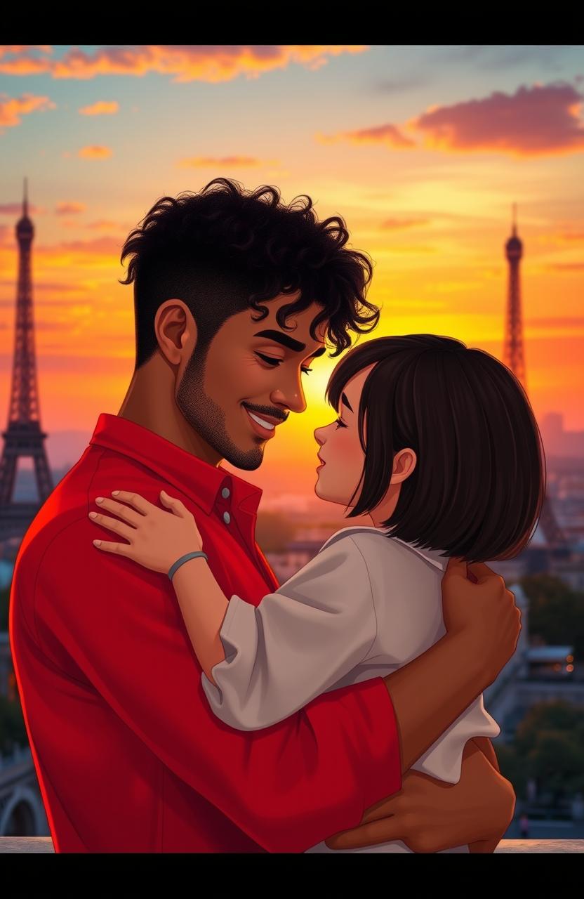 A heartwarming scene depicting a man with tan skin and long curly black hair wearing a bright red shirt, gently hugging a miniature girl with a stylish bob haircut, featuring rich brunette tones