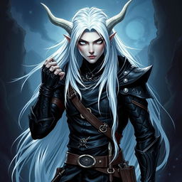 An androgynous male Dungeons & Dragons changeling rogue characterized by his striking pure white eyes, completely lacking iris and pupils, giving him an ethereal and captivating gaze
