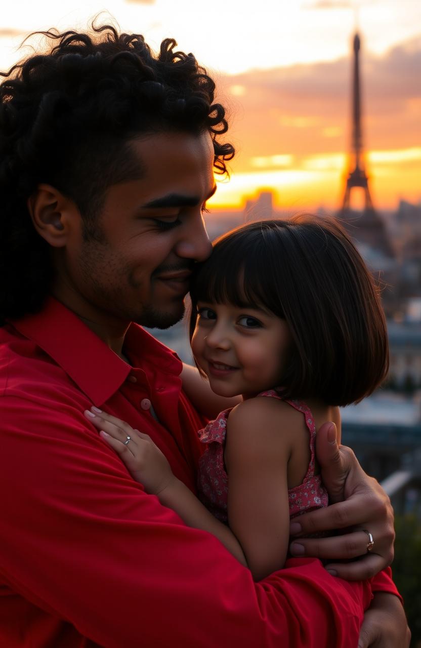 A warm sunset in Paris serves as the backdrop to a tender scene where a man with tan skin and long curly black hair embraces a miniature brunette girl with a bob haircut