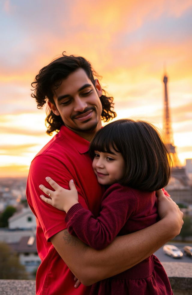 A warm sunset in Paris serves as the backdrop to a tender scene where a man with tan skin and long curly black hair embraces a miniature brunette girl with a bob haircut