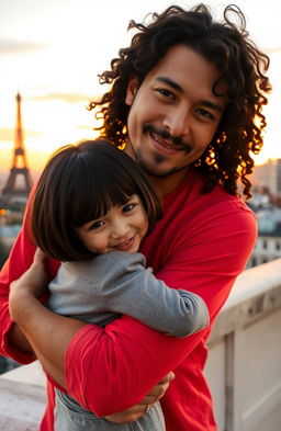 A warm sunset in Paris serves as the backdrop to a tender scene where a man with tan skin and long curly black hair embraces a miniature brunette girl with a bob haircut