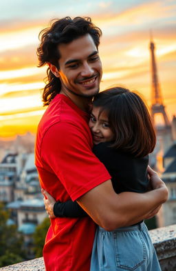 A warm sunset in Paris serves as the backdrop to a tender scene where a man with tan skin and long curly black hair embraces a miniature brunette girl with a bob haircut