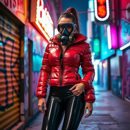 A hot slim girl with big boobs, confidently strutting her style in a shiny red tight puffer jacket that clings to her figure, paired with sleek black latex leggings that accentuate her curves