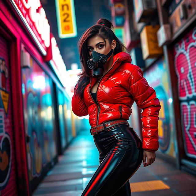 A hot slim girl with big boobs, confidently strutting her style in a shiny red tight puffer jacket that clings to her figure, paired with sleek black latex leggings that accentuate her curves