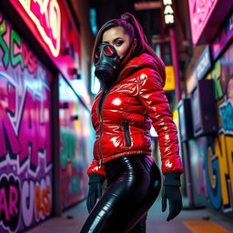 A hot slim girl with big boobs, confidently strutting her style in a shiny red tight puffer jacket that clings to her figure, paired with sleek black latex leggings that accentuate her curves