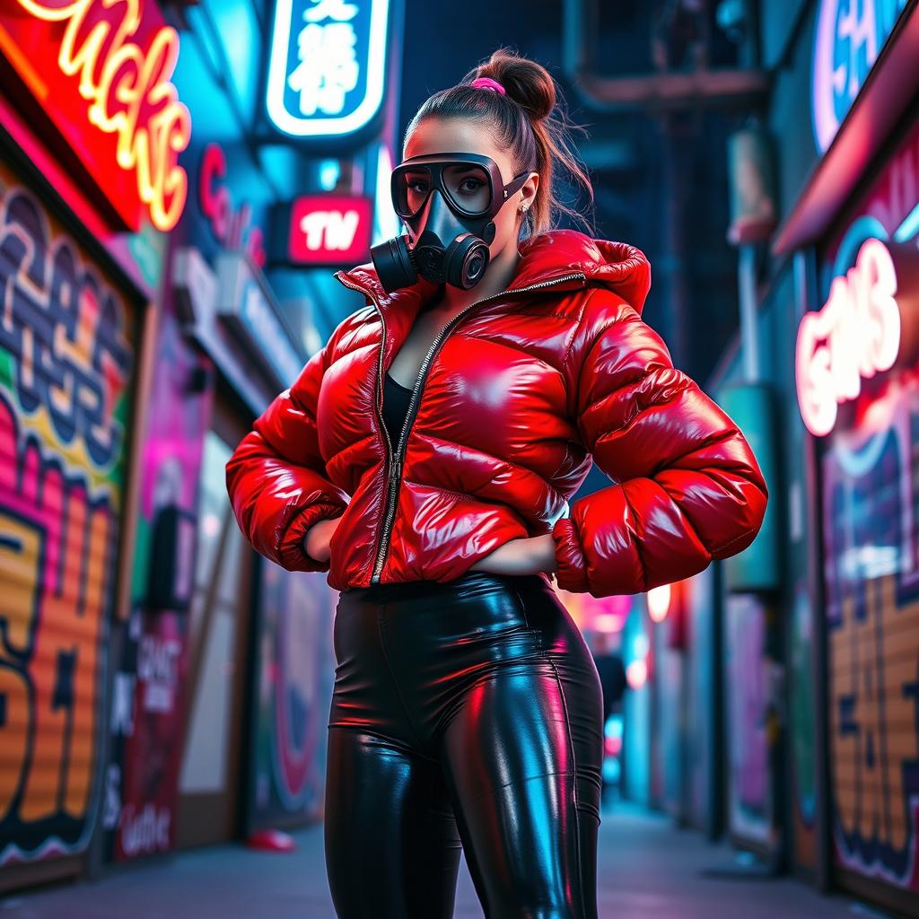 A hot slim girl with big boobs, confidently strutting her style in a shiny red tight puffer jacket that clings to her figure, paired with sleek black latex leggings that accentuate her curves