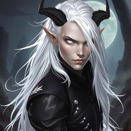 An androgynous male Dungeons & Dragons changeling rogue with striking pure white eyes, completely lacking iris and pupils, giving him an ethereal and haunting gaze