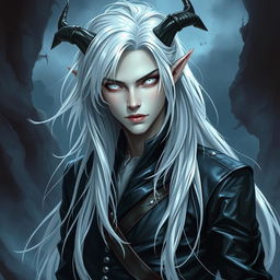 An androgynous male Dungeons & Dragons changeling rogue with striking pure white eyes, completely lacking iris and pupils, giving him an ethereal and haunting gaze