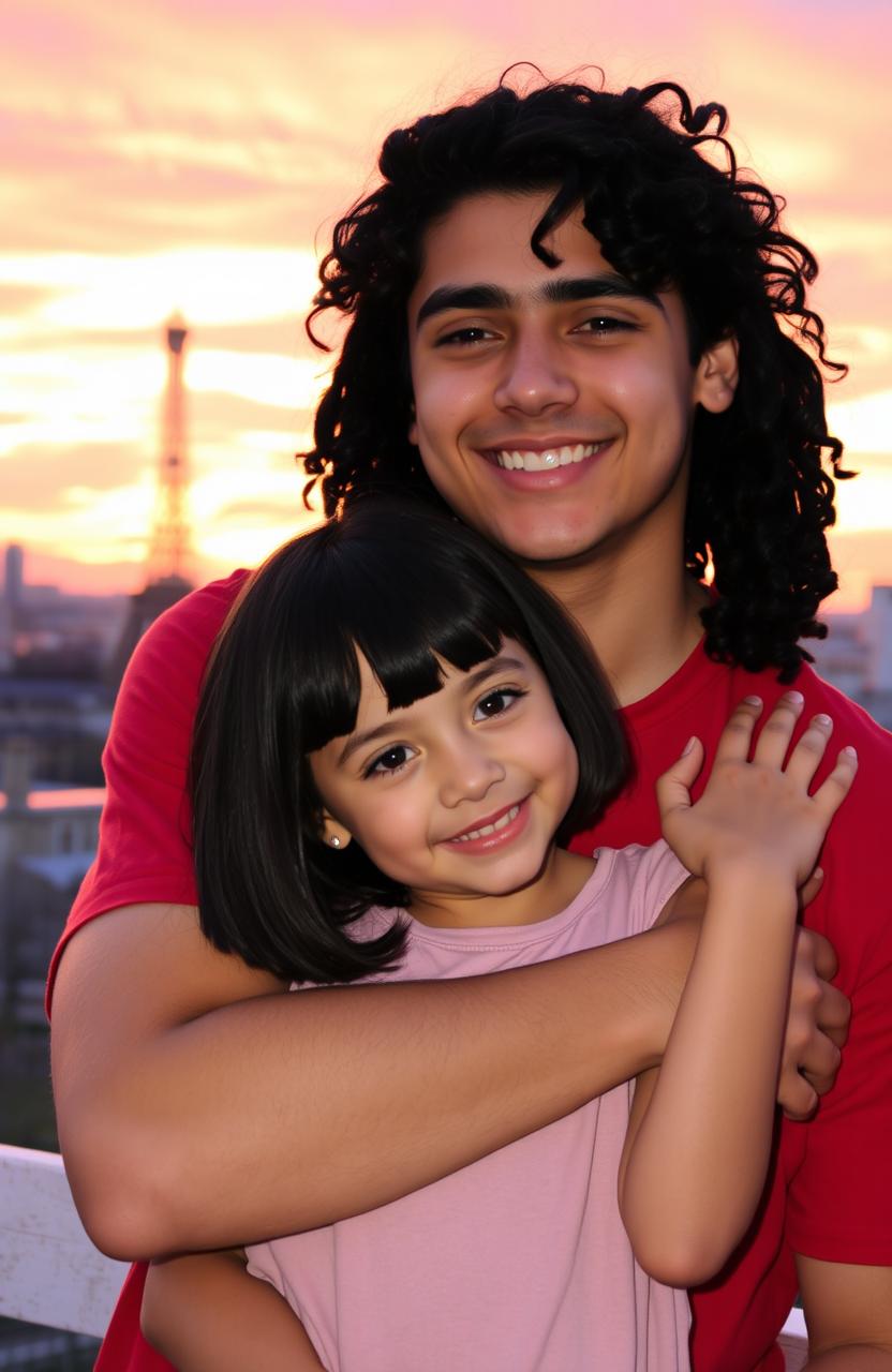A young man with tan skin and long curly black hair, wearing a vibrant red shirt, embraces a small, adorable brunette girl with a stylish bob haircut