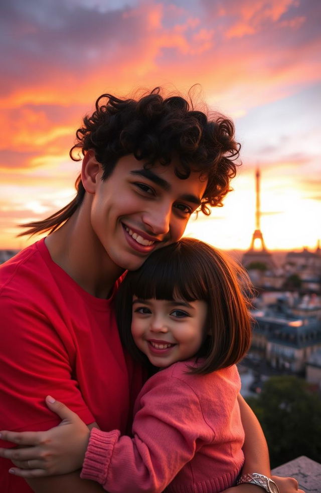 A young man with tan skin and long curly black hair, wearing a vibrant red shirt, embraces a small, adorable brunette girl with a stylish bob haircut