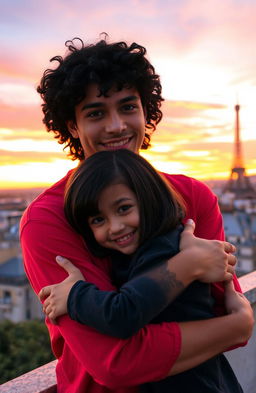 A young man with tan skin and long curly black hair, wearing a vibrant red shirt, embraces a small, adorable brunette girl with a stylish bob haircut
