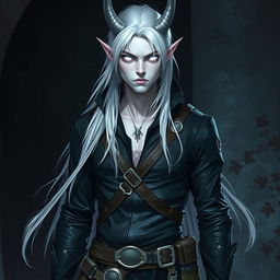 An androgynous male Dungeons & Dragons changeling rogue with striking pure white eyes that completely lack iris and pupils, creating an ethereal and eerie gaze
