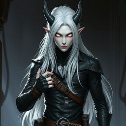 An androgynous male Dungeons & Dragons changeling rogue with striking pure white eyes that completely lack iris and pupils, creating an ethereal and eerie gaze