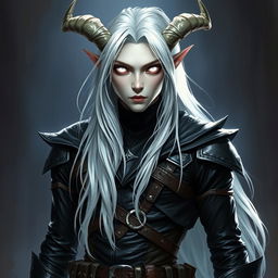 An androgynous male Dungeons & Dragons changeling rogue with striking pure white eyes that completely lack iris and pupils, creating an ethereal and eerie gaze