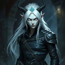 An androgynous male Dungeons & Dragons changeling rogue with striking pure white eyes that completely lack iris and pupils, creating an ethereal and eerie gaze