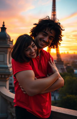 A scene of a guy with tan skin and long curly black hair, wearing a vibrant red shirt, embracing a miniature brunette girl with a chic bob hairstyle