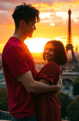 A scene of a guy with tan skin and long curly black hair, wearing a vibrant red shirt, embracing a miniature brunette girl with a chic bob hairstyle