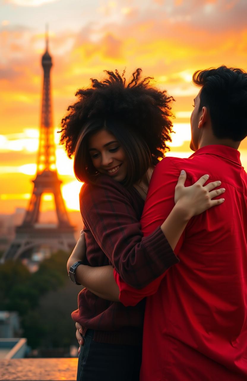 A scene of a guy with tan skin and long curly black hair, wearing a vibrant red shirt, embracing a miniature brunette girl with a chic bob hairstyle