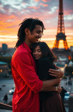 A scene of a guy with tan skin and long curly black hair, wearing a vibrant red shirt, embracing a miniature brunette girl with a chic bob hairstyle