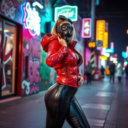 A hot slim girl with big boobs, confidently dressed in a shiny red tight puffer jacket that fits her form impeccably, paired with sleek black latex leggings that emphasize her curves