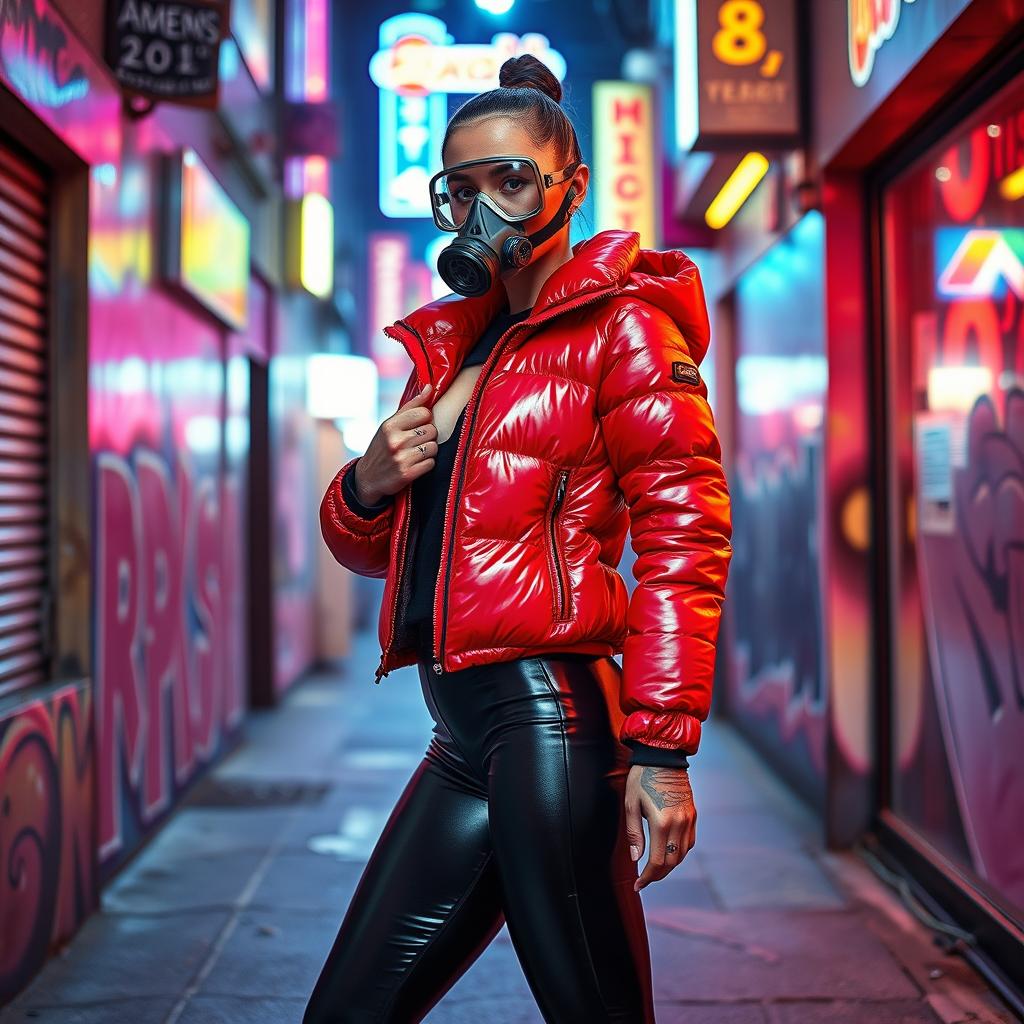 A hot slim girl with big boobs, confidently dressed in a shiny red tight puffer jacket that fits her form impeccably, paired with sleek black latex leggings that emphasize her curves