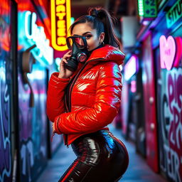 A hot slim girl with big boobs, confidently dressed in a shiny red tight puffer jacket that fits her form impeccably, paired with sleek black latex leggings that emphasize her curves