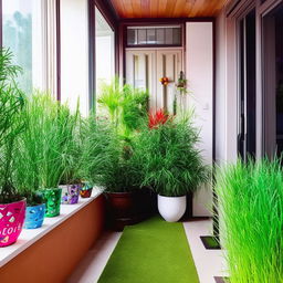 A cozy balcony space covered with aritificial grass and decorated with multi-coloured flower pots. Add various cool and creative elements to make the space more inviting and lively.