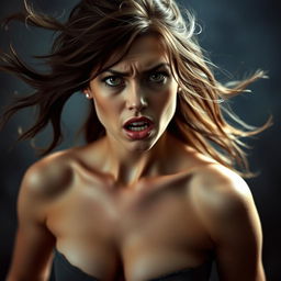 A beautiful woman with an attractive chest, showcasing an expression of fear, set in a dramatic, stylized environment