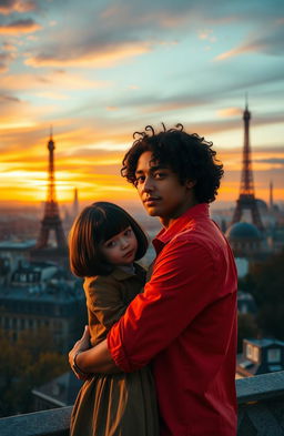 A scene depicting a young man with tan skin and long curly black hair dressed in a vibrant red shirt, embracing a miniature brunette girl with a stylish bob haircut