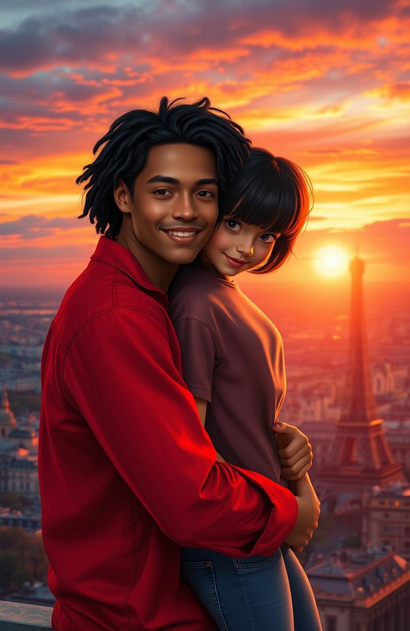 A scene depicting a young man with tan skin and long curly black hair dressed in a vibrant red shirt, embracing a miniature brunette girl with a stylish bob haircut