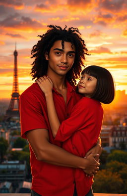 A scene depicting a young man with tan skin and long curly black hair dressed in a vibrant red shirt, embracing a miniature brunette girl with a stylish bob haircut