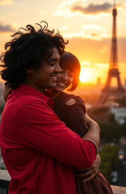 A handsome guy with tan skin and long curly black hair wearing a vibrant red shirt is joyfully hugging a miniature brunette with a stylish bob haircut