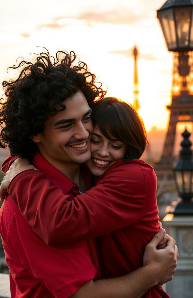 A handsome guy with tan skin and long curly black hair wearing a vibrant red shirt is joyfully hugging a miniature brunette with a stylish bob haircut