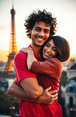 A handsome guy with tan skin and long curly black hair wearing a vibrant red shirt is joyfully hugging a miniature brunette with a stylish bob haircut