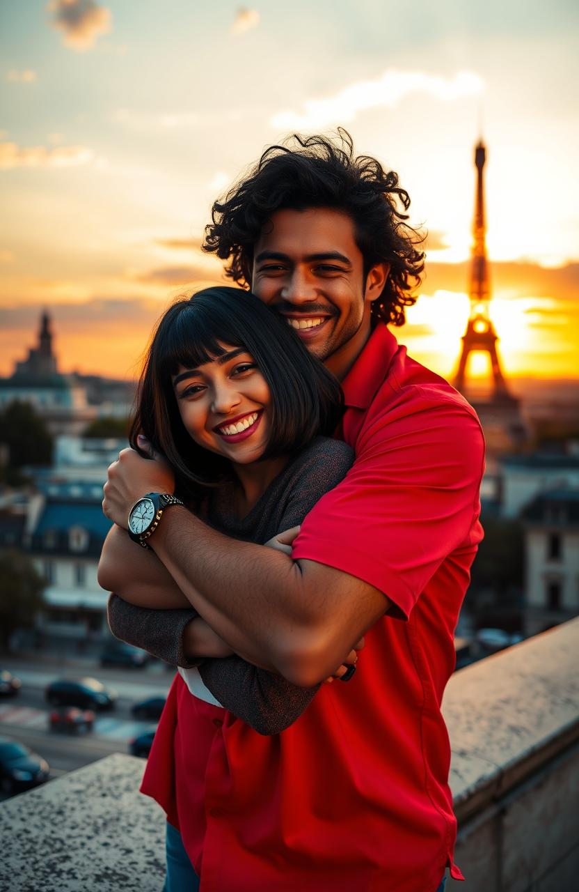 A handsome guy with tan skin and long curly black hair wearing a vibrant red shirt is joyfully hugging a miniature brunette with a stylish bob haircut