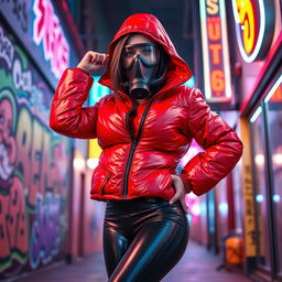 A hot slim girl with big boobs, confidently clad in a shiny red tight puffer jacket that hugs her curves, paired with form-fitting black latex leggings