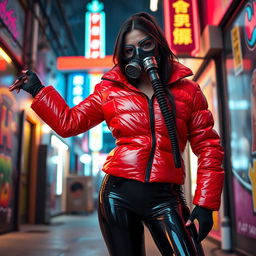 A hot slim girl with big boobs, confidently clad in a shiny red tight puffer jacket that hugs her curves, paired with form-fitting black latex leggings