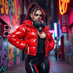 A hot slim girl with big boobs, confidently clad in a shiny red tight puffer jacket that hugs her curves, paired with form-fitting black latex leggings