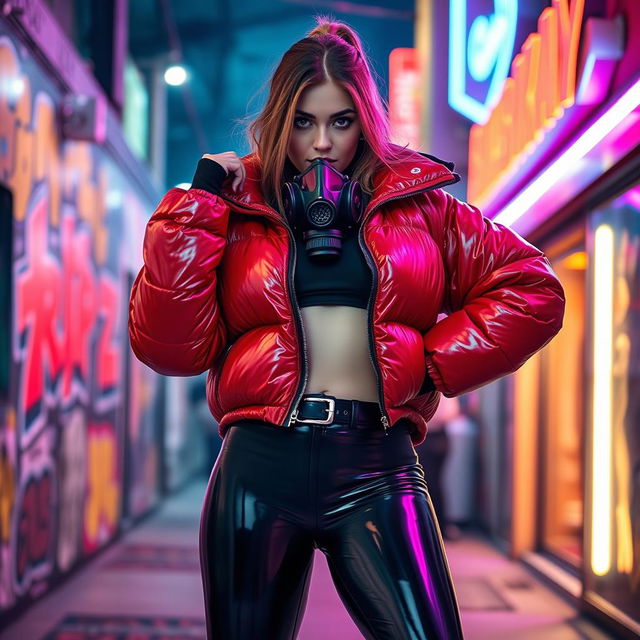 A hot slim girl with big boobs, confidently clad in a shiny red tight puffer jacket that hugs her curves, paired with form-fitting black latex leggings