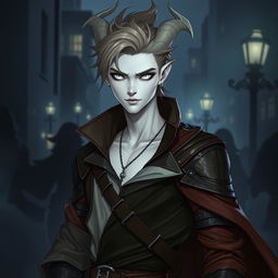 An androgynous male character with pale white skin and striking pale white eyes, styled as a rogue in a fantasy setting, inspired by Dungeons and Dragons